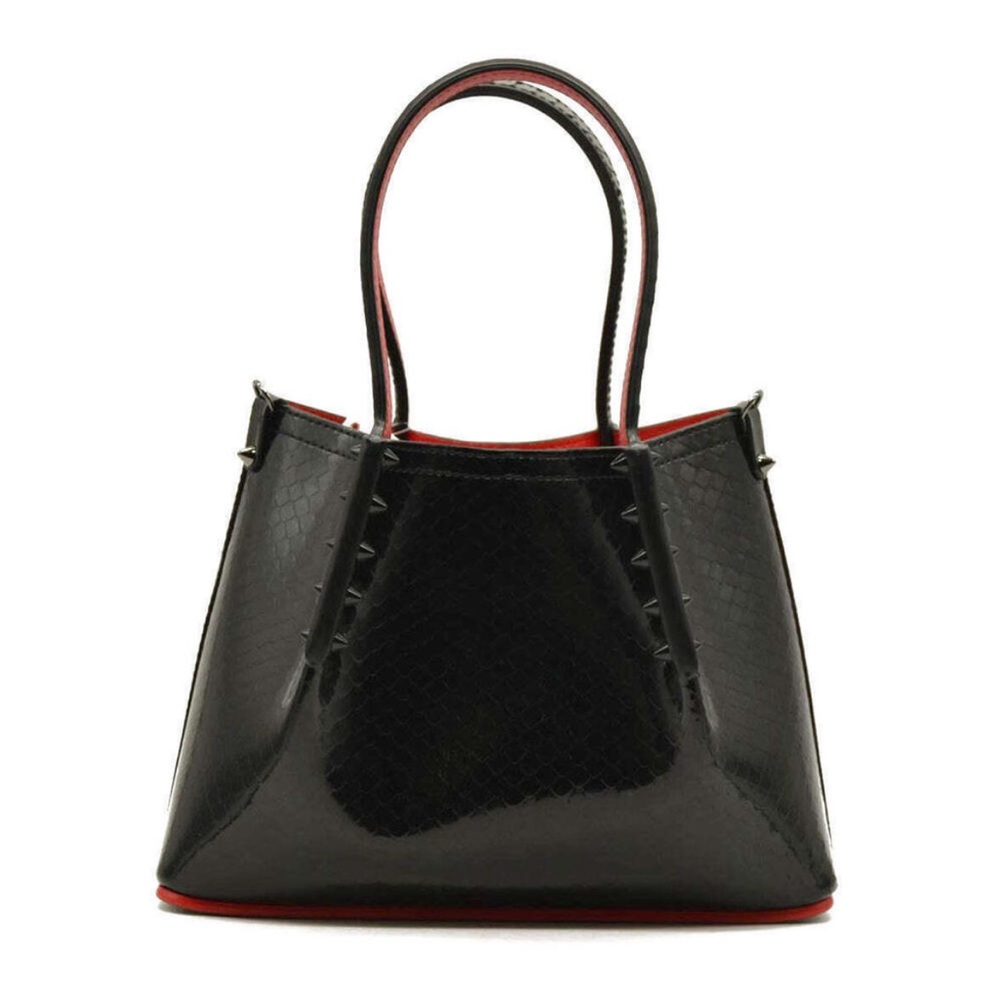 CHRISTIAN LOUBOUTIN Patent Embossed Spiked Mini Cabarock Shopper Tote Black